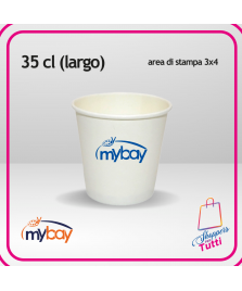 Bicchiere in cartoncino bianco usa e getta da 35 cl, largo e ideale per bevande. Personalizzabile con stampa a 1 colore.