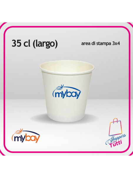 Bicchiere in cartoncino bianco usa e getta da 35 cl, largo e ideale per bevande. Personalizzabile con stampa a 1 colore.