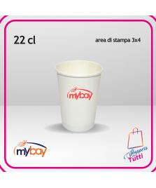 Bicchiere in carta da 22 cl, perfetto per bevande calde e fredde. Personalizzabile con stampa a 1 colore (max 3x4 cm).