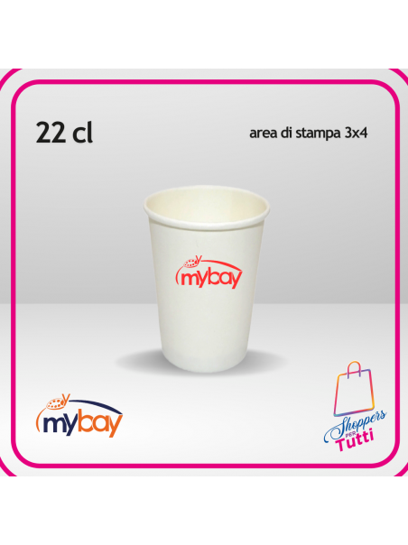Bicchiere in carta da 22 cl, perfetto per bevande calde e fredde. Personalizzabile con stampa a 1 colore (max 3x4 cm).