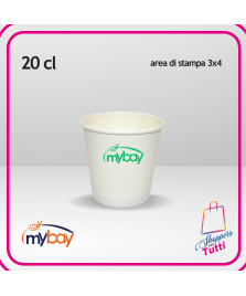 Bicchiere in carta da 20 cl, perfetto per bevande calde e fredde. Personalizzabile con stampa a 1 colore (max 3x4 cm).