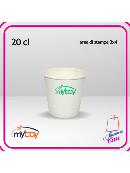 Bicchiere in carta da 20 cl, perfetto per bevande calde e fredde. Personalizzabile con stampa a 1 colore (max 3x4 cm).