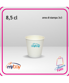 Bicchiere in cartoncino 8,5 cl, ideale per caffè espresso e bevande calde. Personalizzabile con stampa a 1 colore (max 3x3 cm).