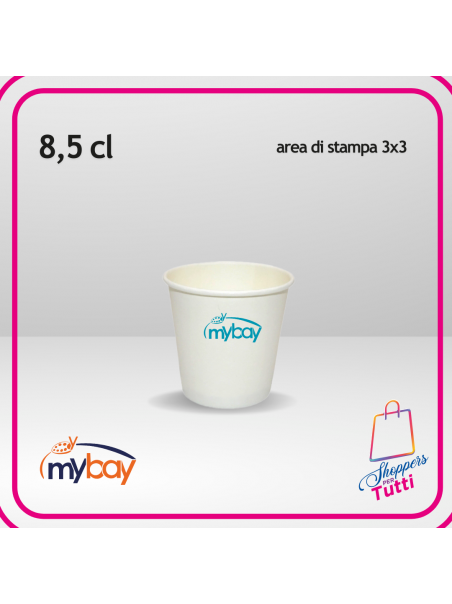 Bicchiere in cartoncino 8,5 cl, ideale per caffè espresso e bevande calde. Personalizzabile con stampa a 1 colore (max 3x3 cm).