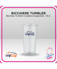 Bicchiere Tumbler in plastica trasparente da 35 cl, perfetto per bevande. Personalizzabile con stampa a 1 colore (max 3x4 cm).