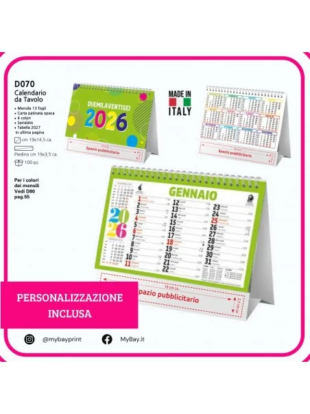 Calendario da Tavolo Color Personalizzato – 13 fogli spiralato