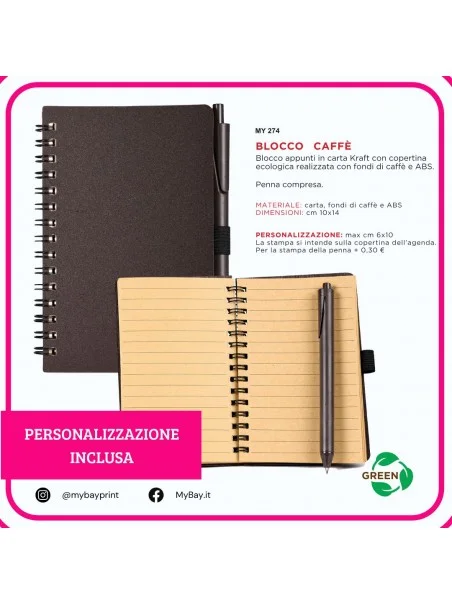 Blocco Caffè 10x14 cm personalizzato con penna inclusa stampata