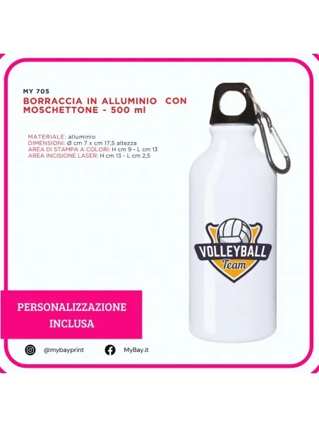Borraccia in alluminio con moschettone – 500 ml. stampata
