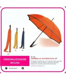 ombrello arancione personalizzato serigrafia, ombrello automatico con logo, gadget promozionale da pioggia