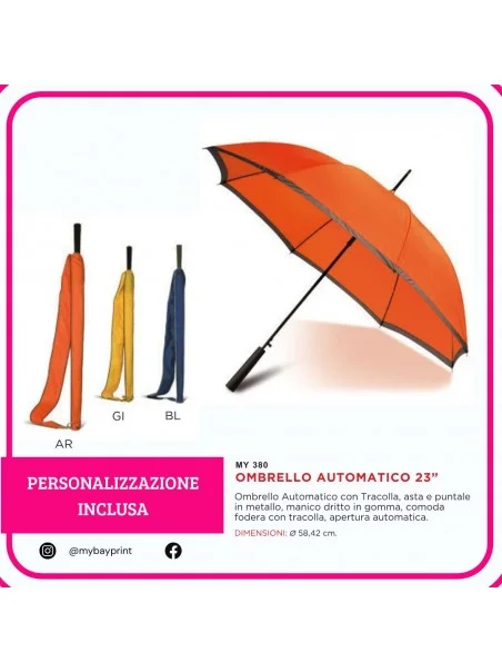 ombrello arancione personalizzato serigrafia, ombrello automatico con logo, gadget promozionale da pioggia
