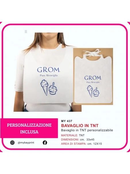 Bavaglio in TNT con stampa serigrafica 1 colore inclusa. Monouso, leggero e perfetto per gelaterie e catering.