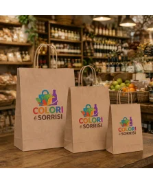 Shopper avana in carta con manico ritorto, stampa a colori personalizzata. Disponibile in vari formati