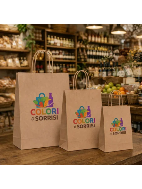 Shopper avana in carta con manico ritorto, stampa a colori personalizzata. Disponibile in vari formati